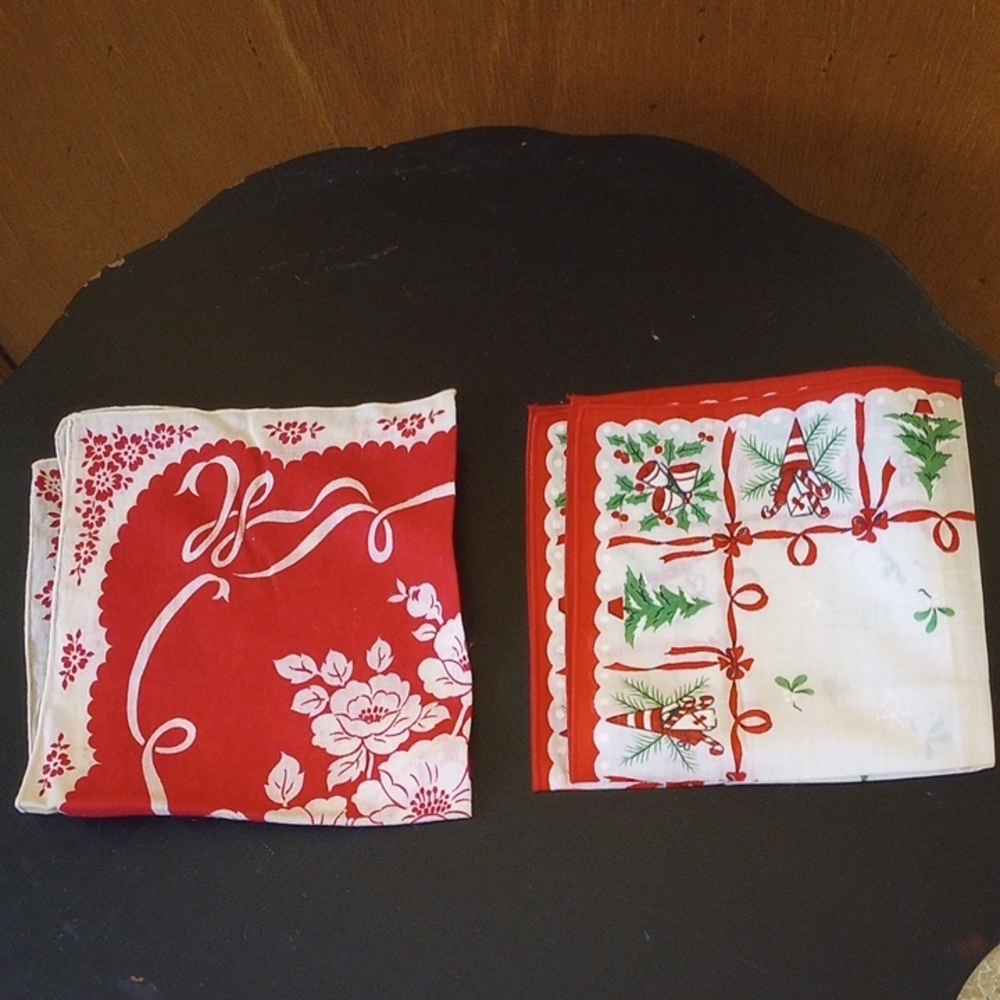 2 Vintage Red & White Traditional Handkerchiefs: Floral & Christmas Holiday